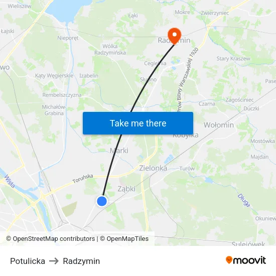 Potulicka to Radzymin map