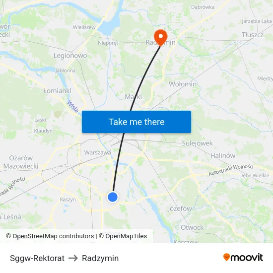 SGGW - Rektorat to Radzymin map