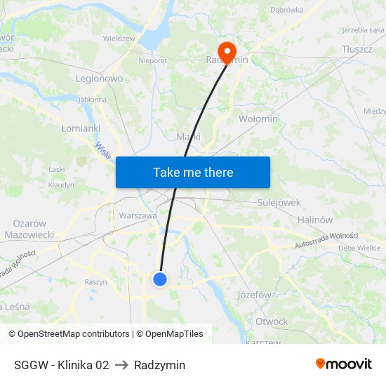 SGGW - Klinika 02 to Radzymin map