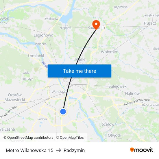 Metro Wilanowska 15 to Radzymin map