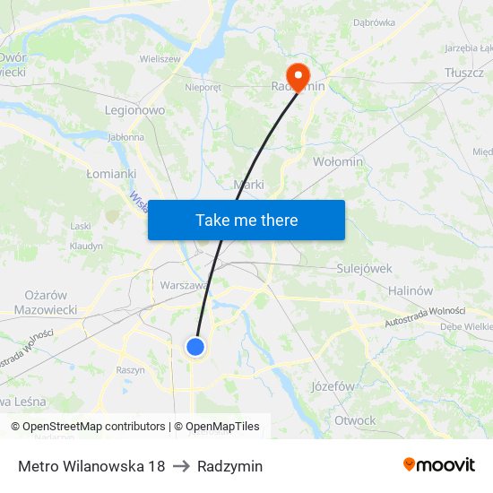 Metro Wilanowska 18 to Radzymin map