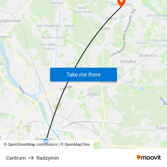 Centrum to Radzymin map