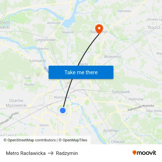 Metro Racławicka to Radzymin map