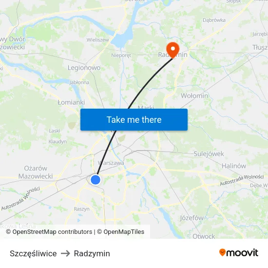 Szczęśliwice to Radzymin map