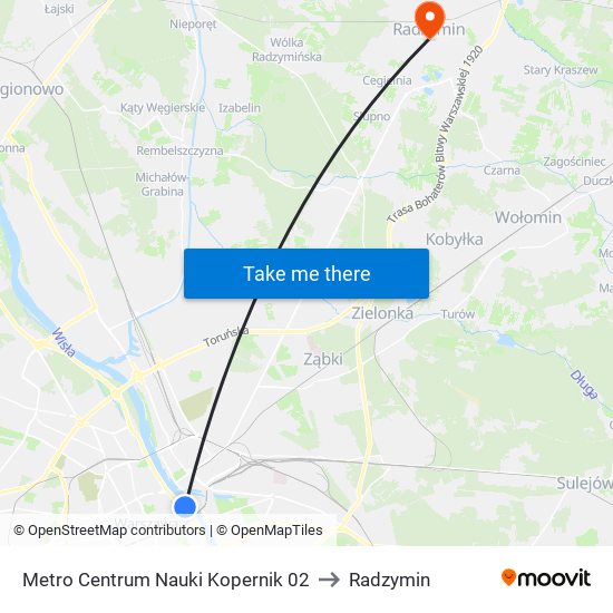 Metro Centrum Nauki Kopernik 02 to Radzymin map