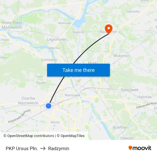 PKP Ursus Płn. to Radzymin map