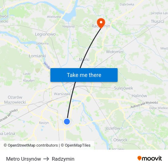 Metro Ursynów to Radzymin map