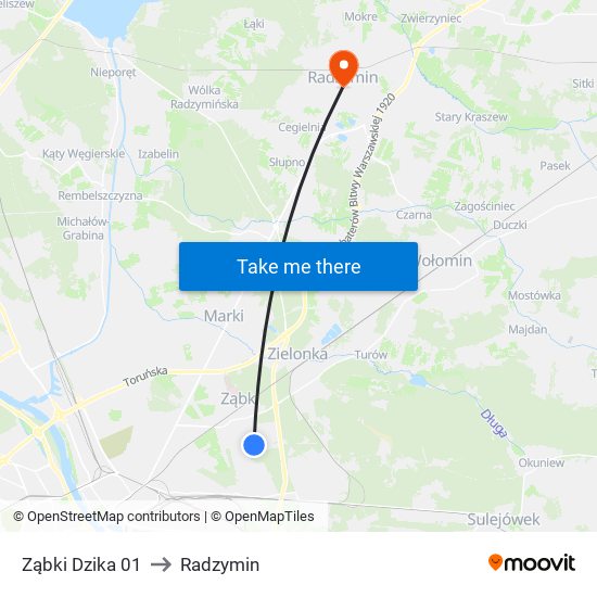 Ząbki Dzika 01 to Radzymin map