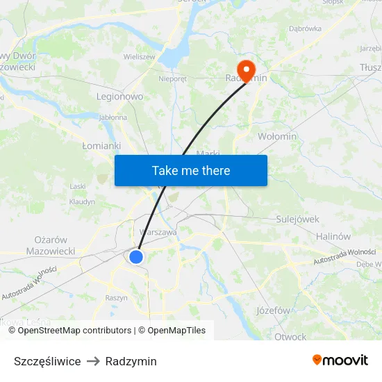 Szczęśliwice to Radzymin map