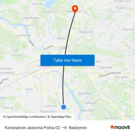 Konstancin-Jeziorna Polna to Radzymin map