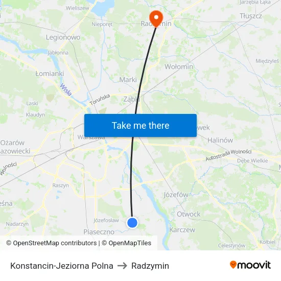 Konstancin-Jeziorna Polna to Radzymin map