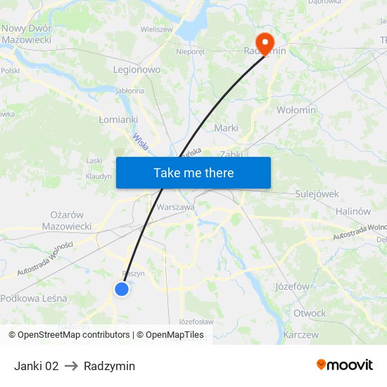 Janki to Radzymin map