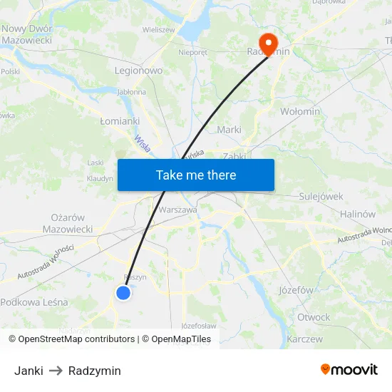 Janki to Radzymin map