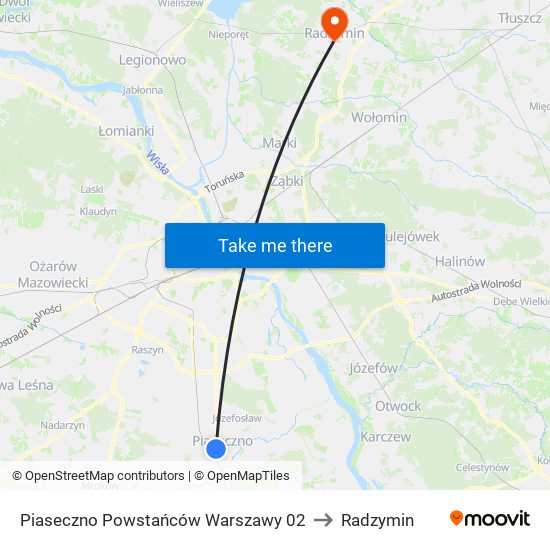 Piaseczno Powstańców Warszawy to Radzymin map