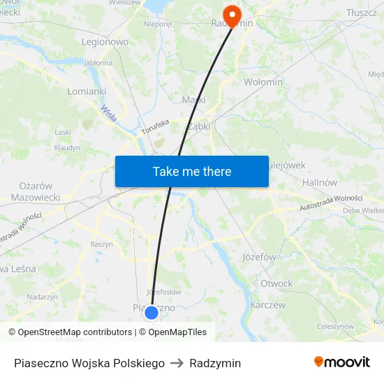 Piaseczno Wojska Polskiego to Radzymin map