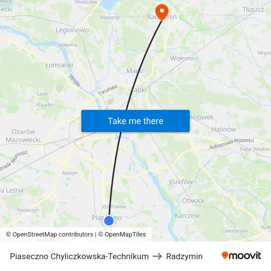Piaseczno Chyliczkowska - Technikum to Radzymin map