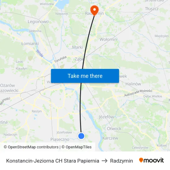 Konstancin-Jeziorna CH Stara Papiernia to Radzymin map