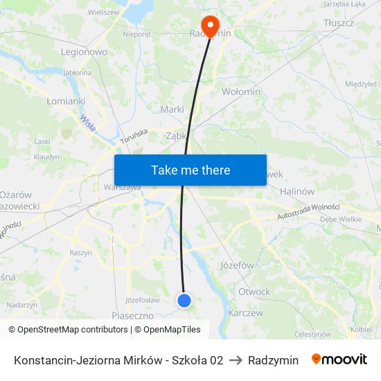 Konstancin-Jeziorna Mirków-Szkoła to Radzymin map