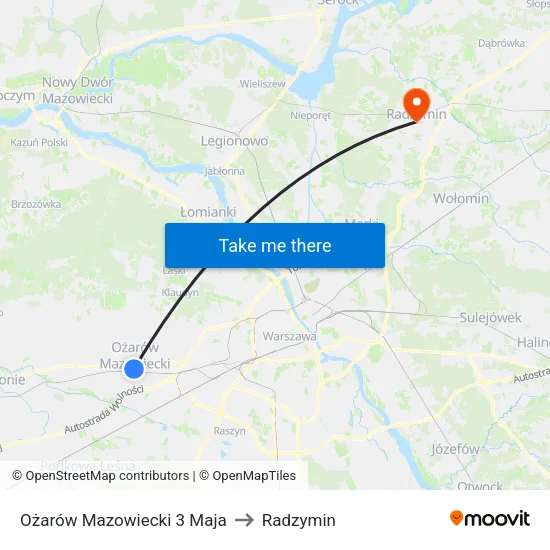 Ożarów Mazowiecki 3 Maja to Radzymin map