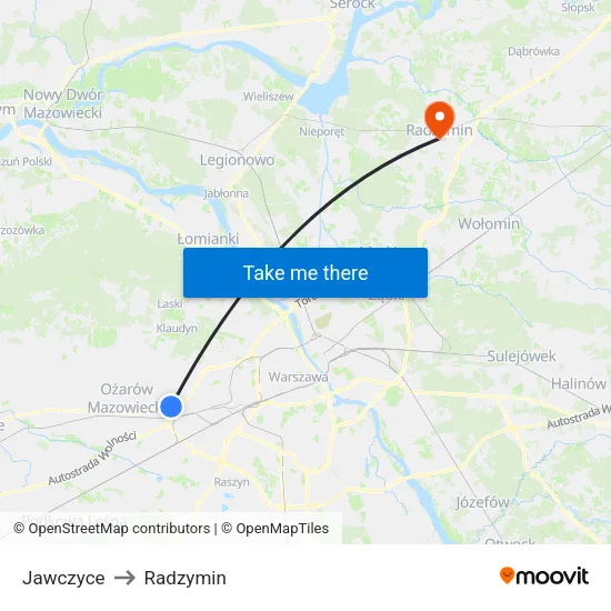 Jawczyce to Radzymin map