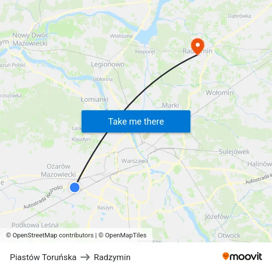 Piastów Toruńska to Radzymin map
