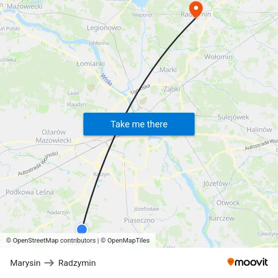 Marysin to Radzymin map