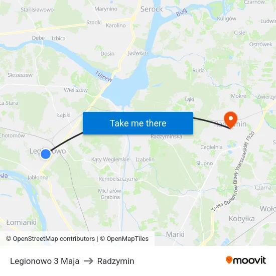 Legionowo 3 Maja to Radzymin map