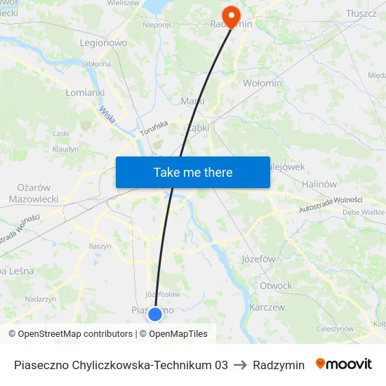 Piaseczno Chyliczkowska-Technikum to Radzymin map