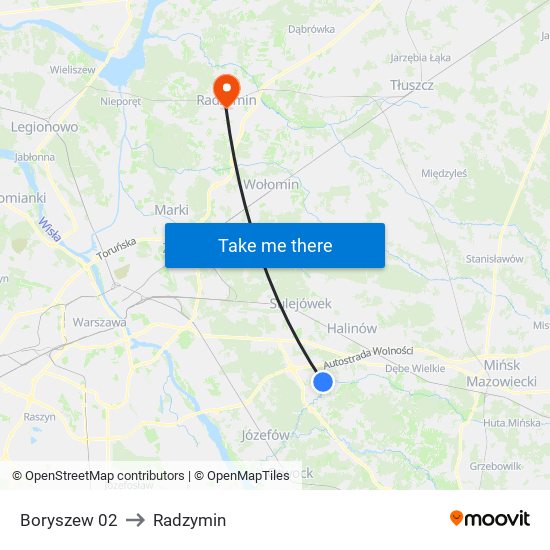 Boryszew 02 to Radzymin map