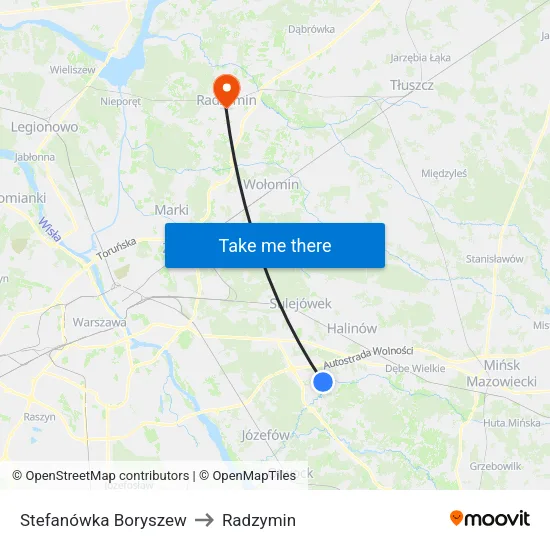 Stefanówka Boryszew to Radzymin map