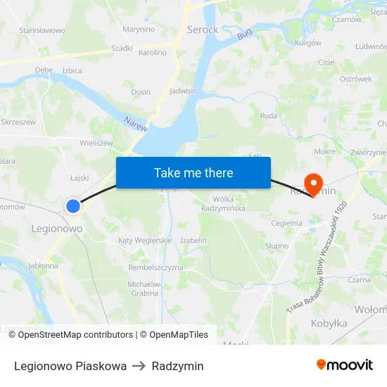 Legionowo Piaskowa to Radzymin map