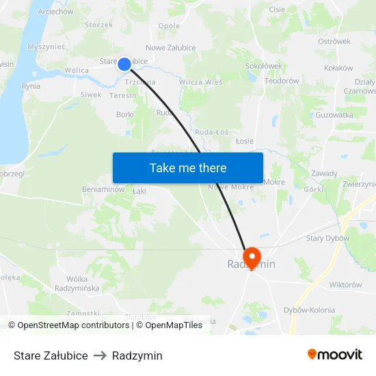 Stare Załubice to Radzymin map