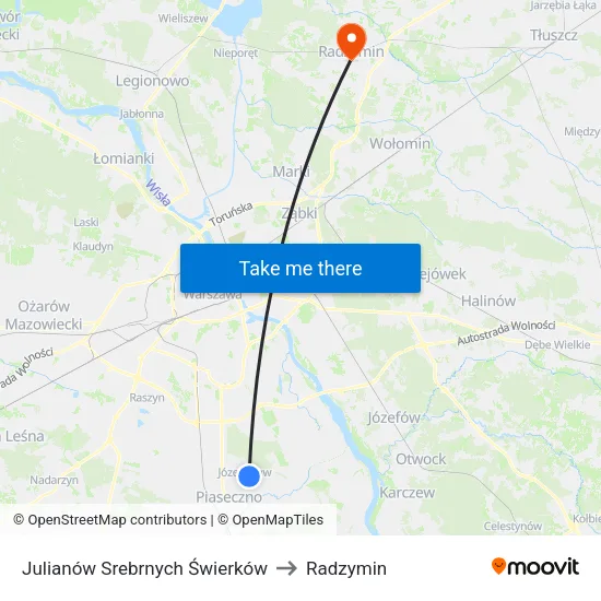 Julianów Srebrnych Świerków to Radzymin map