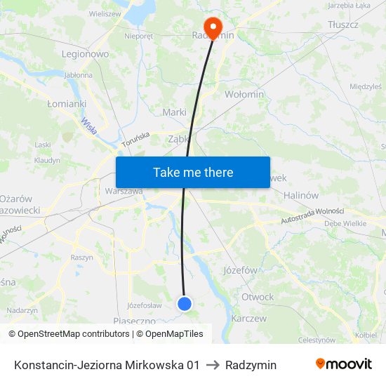 Konstancin-Jeziorna Mirkowska 01 to Radzymin map