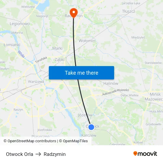 Otwock Orla to Radzymin map