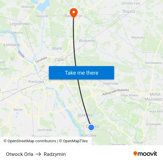 Otwock Orla to Radzymin map