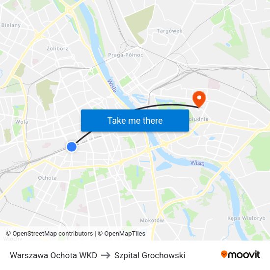 Warszawa Ochota WKD to Szpital Grochowski map