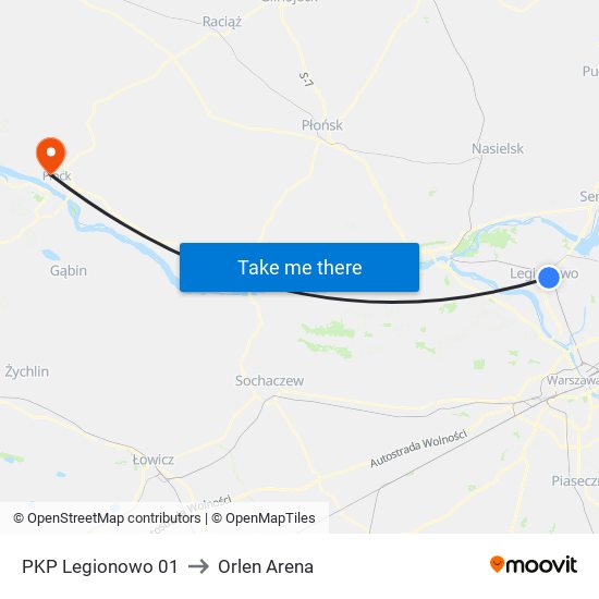 PKP Legionowo 01 to Orlen Arena map