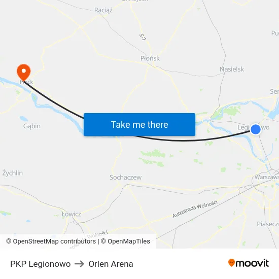 PKP Legionowo to Orlen Arena map