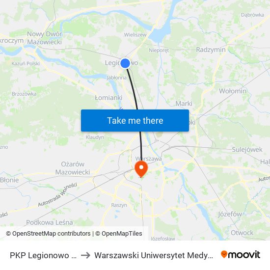 PKP Legionowo 04 to Warszawski Uniwersytet Medyczny map