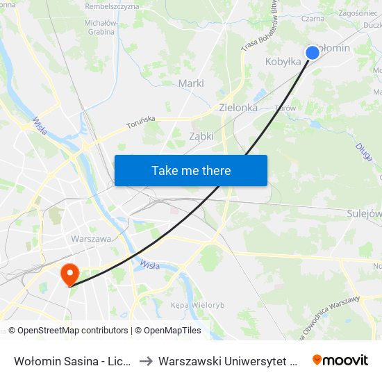 Wołomin Sasina - Liceum 01 to Warszawski Uniwersytet Medyczny map