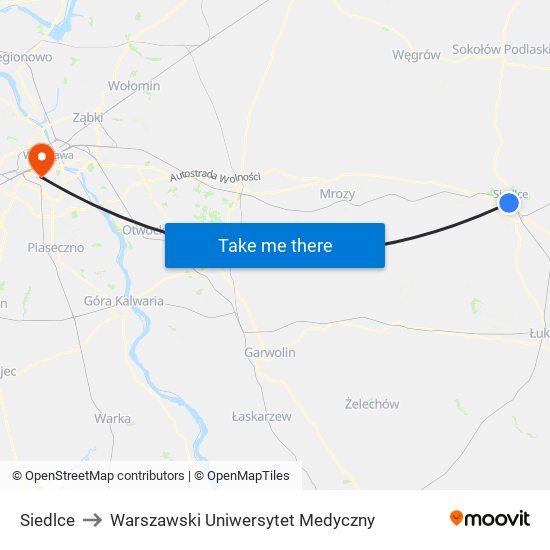 Siedlce to Warszawski Uniwersytet Medyczny map