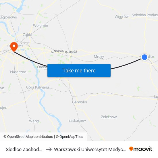 Siedlce Zachodnie to Warszawski Uniwersytet Medyczny map