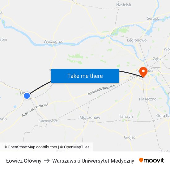 Łowicz Główny to Warszawski Uniwersytet Medyczny map