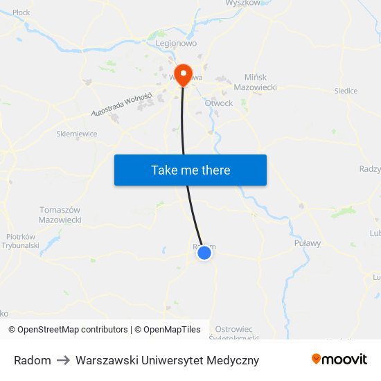 Radom to Warszawski Uniwersytet Medyczny map