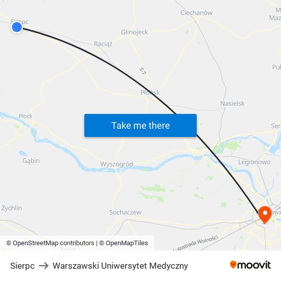 Sierpc to Warszawski Uniwersytet Medyczny map