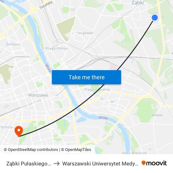 Ząbki Pułaskiego 01 to Warszawski Uniwersytet Medyczny map