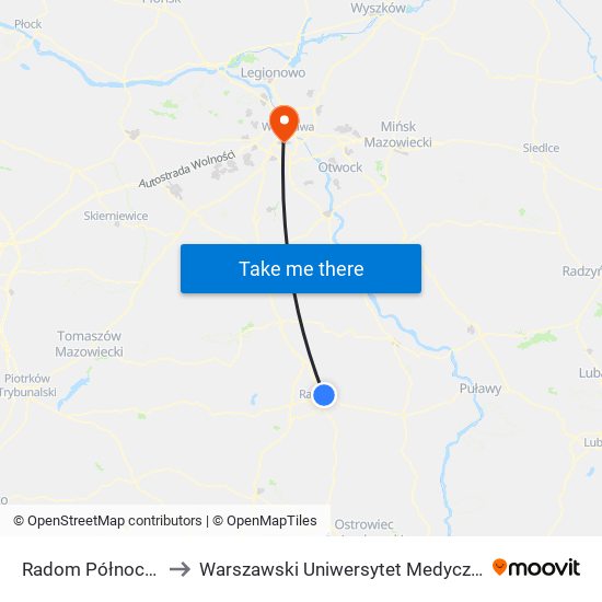 Radom Północny to Warszawski Uniwersytet Medyczny map