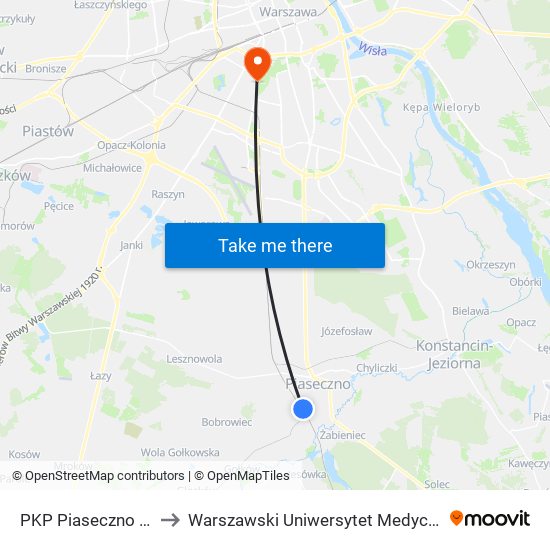 PKP Piaseczno 07 to Warszawski Uniwersytet Medyczny map