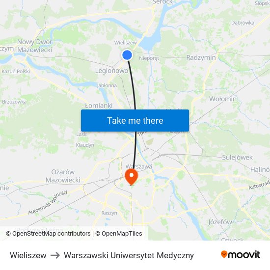 Wieliszew to Warszawski Uniwersytet Medyczny map